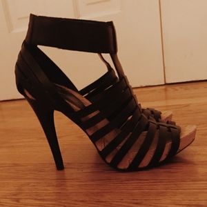 BCBGeneration Black Leather Gerri Heeled Sandals